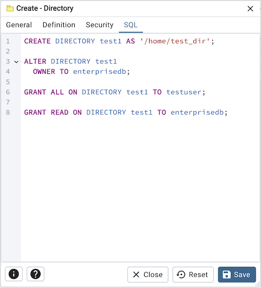 Directory dialog sql tab