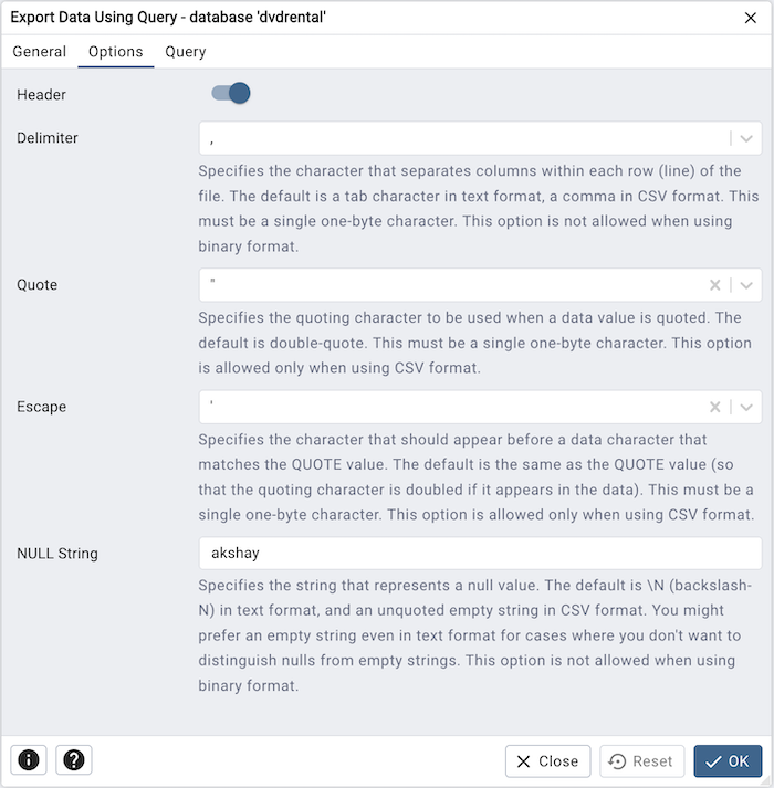 Export data using query dialog options tab