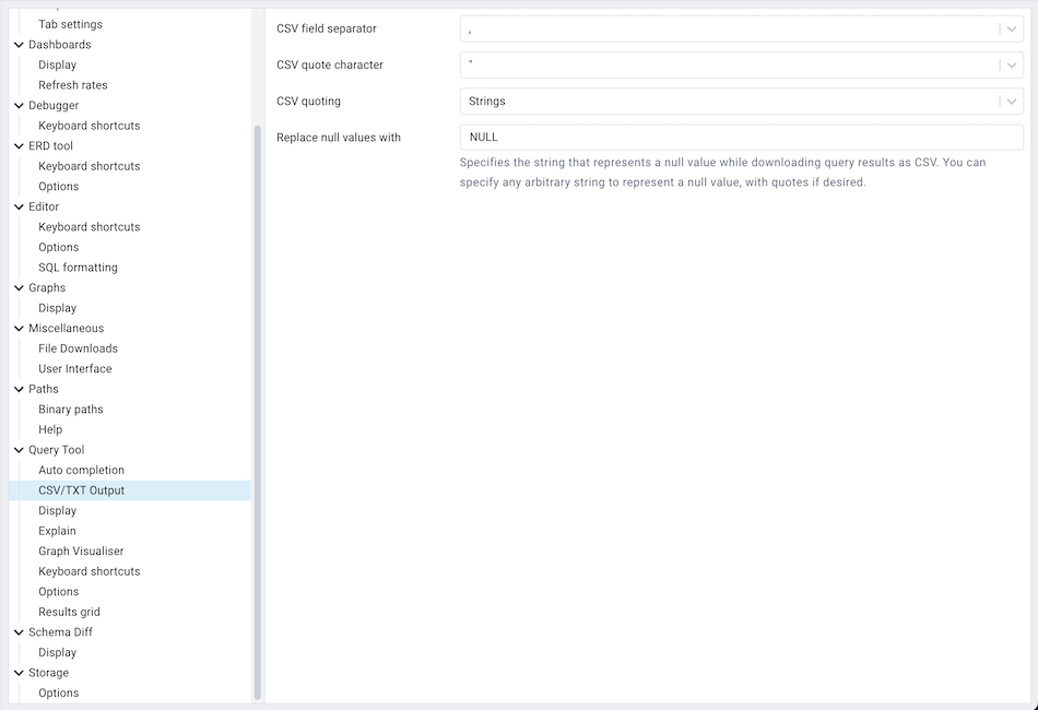 Preferences sqleditor csv output option